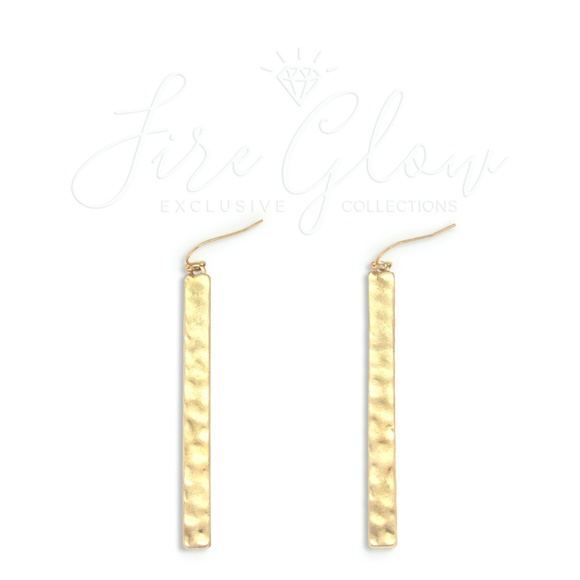 Gold Tone Long Bar Hammered Metal Hook Earrings - Picture 7 of 8